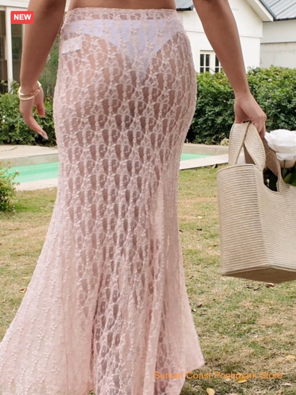 Sheer Lace High Waist A-Line Maxi Skirt Flowy Beach Cover Up - Picture 7 of 7